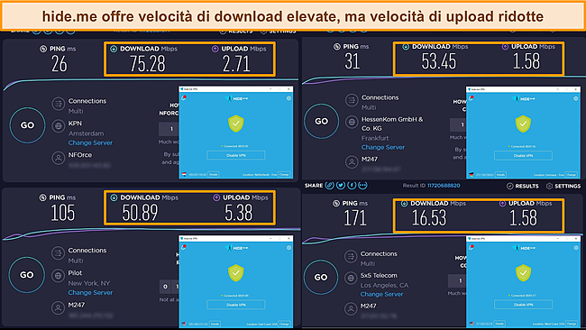 Screenshot di hide.me connesso a server in Olanda, Germania e Stati Uniti, che evidenziano i risultati del test di velocit&agrave; di download e upload.
