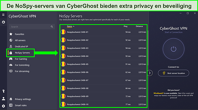 Screenshot van de Windows-app van CyberGhost met de NoSpy-serverlijst.