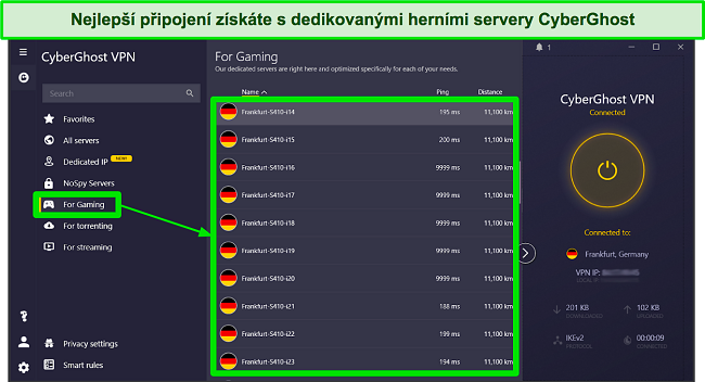 Sn&iacute;mek obrazovky serverů CyberGhost optimalizovan&yacute;ch pro hran&iacute; her v aplikaci Windows