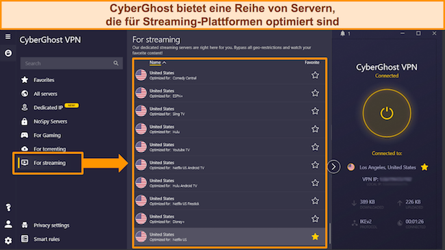 Screenshot der Liste der Streaming-optimierten Server von CyberGhost f&uuml;r beliebte Plattformen