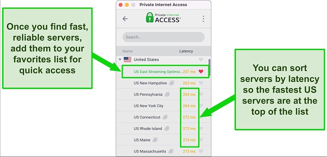 Screenshot of PIA's US server list sorted by latency on its macOS app