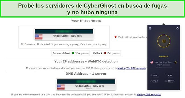 Captura de pantalla de CyberGhost VPN conectado a un servidor de EE. UU. Y pasando con &eacute;xito una prueba de fuga de IP
