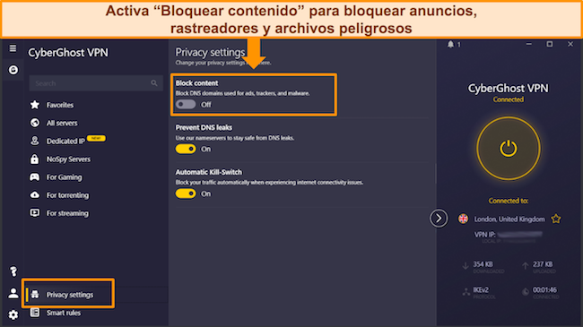 Captura de pantalla de la funci&oacute;n Bloquear contenido de CyberGhost en la aplicaci&oacute;n de Windows
