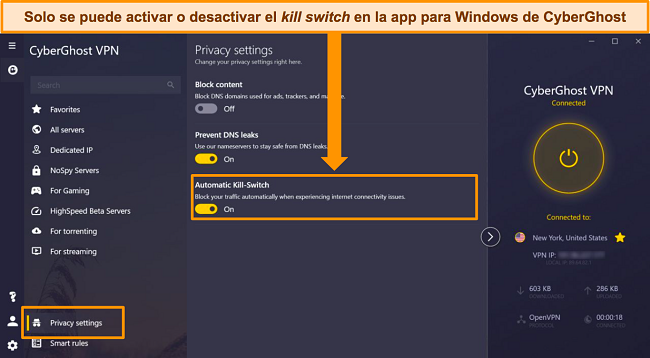 Captura de pantalla de la aplicaci&oacute;n de Windows de CyberGhost con la opci&oacute;n Automatic Kill Switch resaltada.
