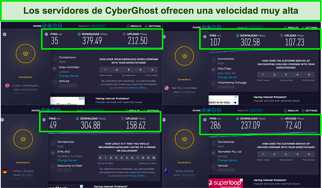 captura de pantalla de pruebas de velocidad en paralelo junto con la aplicaci&oacute;n CyberGhost conectada a diferentes servidores