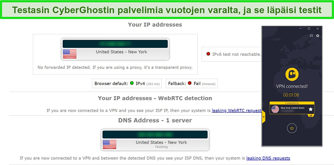 N&auml;ytt&ouml;kuva IP- ja DNS-vuototestien tuloksista, kun CyberGhost on kytketty yhdysvaltalaisiin palvelimiin