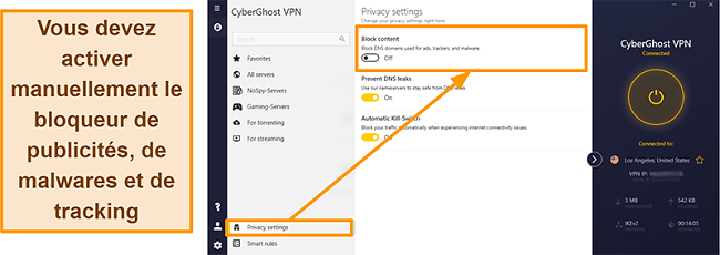 Capture d'&eacute;cran de CyberGhost VPN connect&eacute; &agrave; un serveur am&eacute;ricain et r&eacute;ussissant un test de fuite IP.