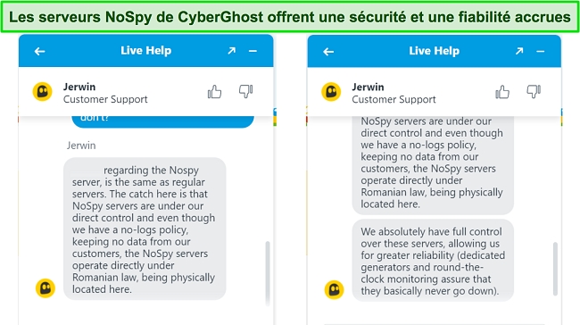 Capture d'&eacute;cran de l'agent de chat en direct de CyberGhost expliquant la s&eacute;curit&eacute; et la fiabilit&eacute; accrues des serveurs NoSpy.