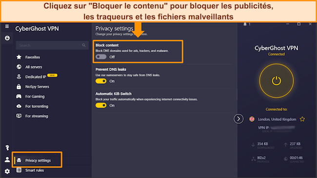 Capture d'&eacute;cran de la fonctionnalit&eacute; de blocage de contenu de CyberGhost sur l'application Windows