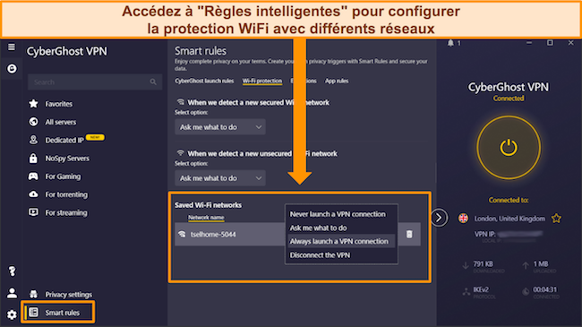 Capture d'&eacute;cran des param&egrave;tres de protection WiFi sur l'application CyberGhost