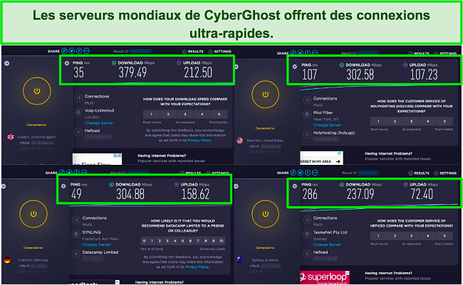 capture d'&eacute;cran de tests de vitesse c&ocirc;te &agrave; c&ocirc;te avec l'application CyberGhost connect&eacute;e &agrave; diff&eacute;rents serveurs