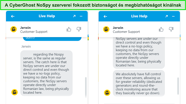 K&eacute;pernyők&eacute;p a CyberGhost &eacute;lő cseveg&eacute;si &uuml;gyn&ouml;k&eacute;ről, amely elmagyar&aacute;zza a NoSpy-kiszolg&aacute;l&oacute;k fokozott biztons&aacute;g&aacute;t &eacute;s megb&iacute;zhat&oacute;s&aacute;g&aacute;t.