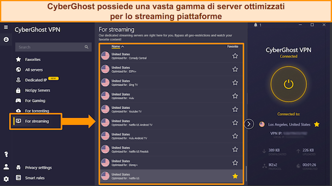Screenshot dell'elenco di CyberGhost di server ottimizzati per lo streaming per le piattaforme pi&ugrave; diffuse
