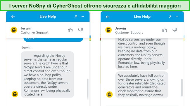 Screenshot dell'agente di chat dal vivo di CyberGhost che spiega la maggiore sicurezza e affidabilit&agrave; dei server NoSpy.