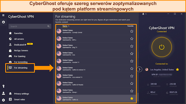 Zrzut ekranu przedstawiający listę serwer&oacute;w CyberGhost zoptymalizowanych pod kątem przesyłania strumieniowego dla popularnych platform