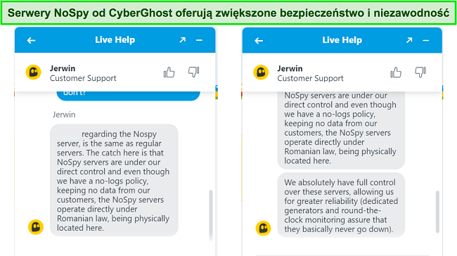 Zrzut ekranu przedstawiający agenta czatu na żywo CyberGhost wyjaśniającego zwiększone bezpieczeństwo i niezawodność serwer&oacute;w NoSpy.
