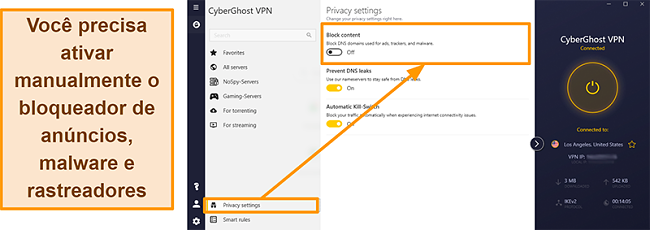 Captura de tela do an&uacute;ncio, rastreador e bloqueador de malware da VPN da CyberGhost