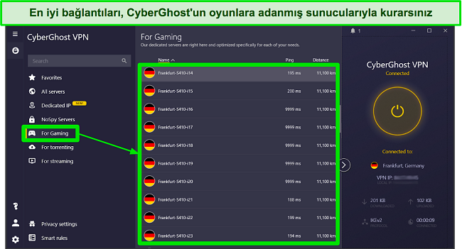 Windows uygulamasında CyberGhost'un oyun i&ccedil;in optimize edilmiş sunucularının ekran g&ouml;r&uuml;nt&uuml;s&uuml;