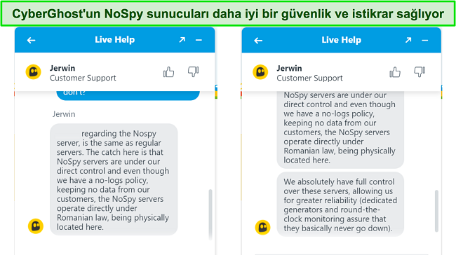 CyberGhost'un NoSpy sunucularının artırılmış g&uuml;venlik ve g&uuml;venilirliğini a&ccedil;ıklayan canlı sohbet aracısının ekran g&ouml;r&uuml;nt&uuml;s&uuml;.