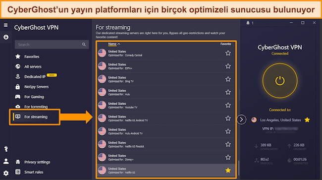 CyberGhost'un pop&uuml;ler platformlar i&ccedil;in akış i&ccedil;in optimize edilmiş sunucular listesinin ekran g&ouml;r&uuml;nt&uuml;s&uuml;