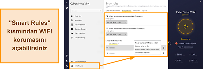 CyberGhost VPN'in WiFi Koruma &ouml;zelliğinin ekran g&ouml;r&uuml;nt&uuml;s&uuml;