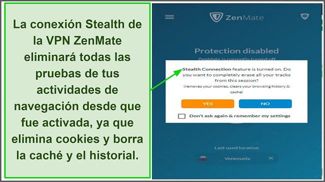 Captura de pantalla que muestra Stealth Connection de ZenMate VPN activada y eliminando las pistas de usuario de la sesi&oacute;n de navegaci&oacute;n
