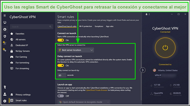 Captura de pantalla de la aplicaci&oacute;n CyberGhost que muestra reglas inteligentes configuradas