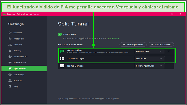 Captura de pantalla de la pantalla de configuraci&oacute;n del t&uacute;nel dividido de Private Internet Access que muestra una aplicaci&oacute;n de chat usando una conexi&oacute;n sin VPN