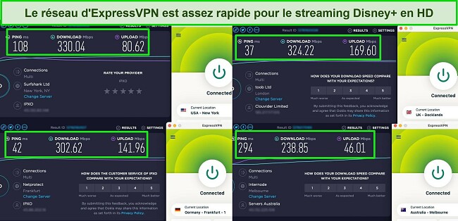 Captures d'&eacute;cran des r&eacute;sultats du test de vitesse Ookla avec ExpressVPN connect&eacute; &agrave; des serveurs aux &Eacute;tats-Unis, au Royaume-Uni, en Allemagne et en Australie