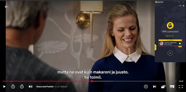 Kuvakaappaus CyberGhostista, joka on kytketty yhdysvaltalaiseen palvelimeen "Grace and Frankie" -l&auml;hetyksell&auml; Yhdysvaltain Netflixiss&auml;