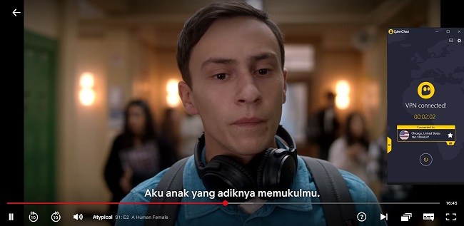 Cuplikan layar CyberGhost terhubung ke server AS dengan streaming "Atypical" di US Netflix