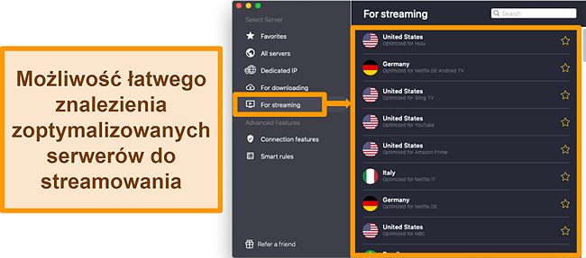 Zrzut ekranu zoptymalizowanych serwer&oacute;w CyberGhost VPN, kt&oacute;re odblokowują platformy streamingowe, takie jak Netflix, Sling TV i Amazon Prime