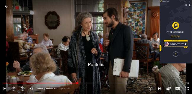 Screenshot de CyberGhost conectat la serverul american cu "Grace and Frankie" streaming pe Netflix SUA