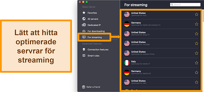 Sk&auml;rmdump av CyberGhost VPN: s optimerade servrar som avblockerar streamingplattformar som Netflix, Sling TV och Amazon Prime