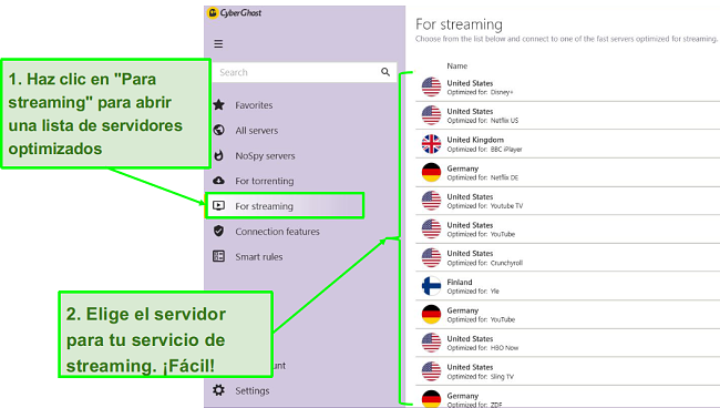 Captura de pantalla de la aplicaci&oacute;n CyberGhost VPN