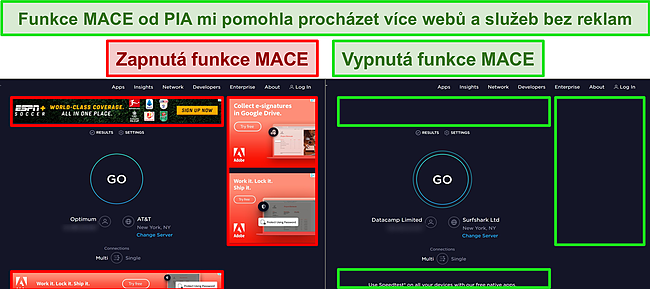 Sn&iacute;mky obrazovky webů Ookla s vypnutou a zapnutou funkc&iacute; PIA MACE, kter&eacute; zdůrazňuj&iacute; rozd&iacute;l v počtu reklam zobrazen&yacute;ch na každ&eacute; str&aacute;nce.