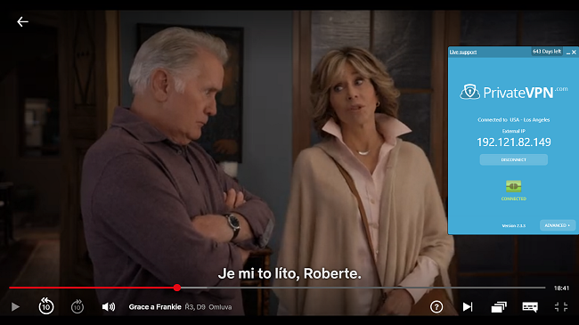 Screenshot z PrivateVPN připojen&eacute;ho k americk&eacute;mu serveru s Grace a Frankie streamovan&yacute;mi na Netflix USA