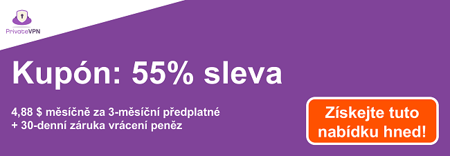 Grafika funguj&iacute;c&iacute;ho kup&oacute;nu PrivateVPN se slevou 55% na 3měs&iacute;čn&iacute; předplatn&eacute; a 30denn&iacute; z&aacute;ruku vr&aacute;cen&iacute; peněz