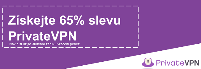 Obr&aacute;zek funguj&iacute;c&iacute;ho kup&oacute;nu PrivateVPN nab&iacute;zej&iacute;c&iacute;ho slevu 65% s 30denn&iacute; z&aacute;rukou vr&aacute;cen&iacute; peněz
