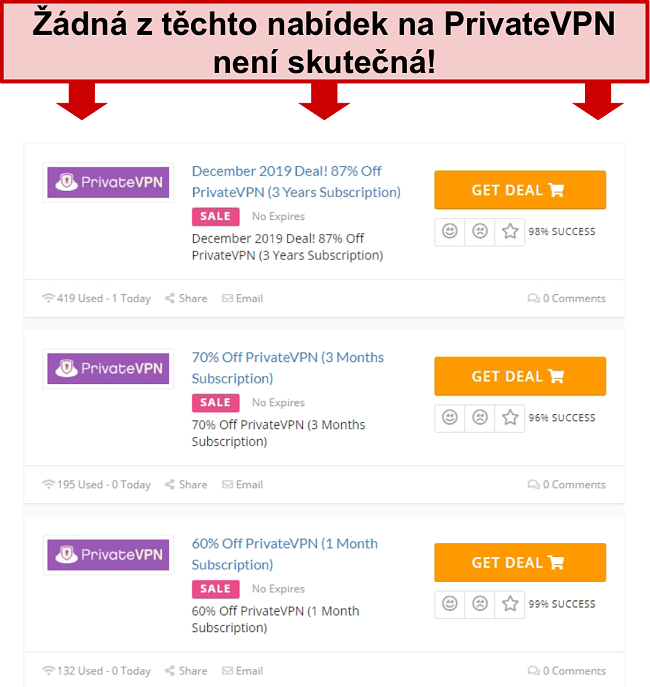 Screenshot z obchodů PrivateVPN zobrazuj&iacute;c&iacute;ch fale&scaron;n&eacute; ceny