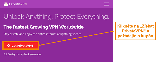 Screenshot z domovsk&eacute; obrazovky PrivateVPN s