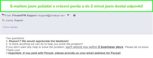 Screenshot z PrivateVPN rychle reaguj&iacute;c&iacute; na můj požadavek na vr&aacute;cen&iacute; peněz prostřednictv&iacute;m e-mailu