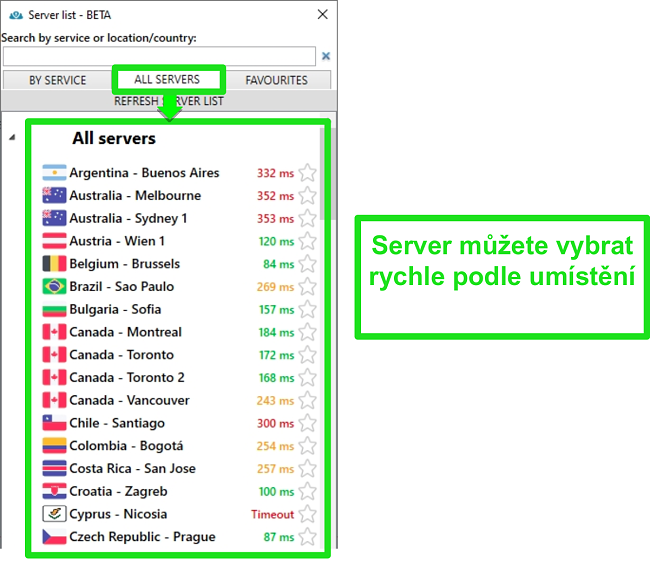 Screenshot um&iacute;stěn&iacute; serverů PrivateVPN v seznamu &bdquo;V&scaron;echny servery&ldquo;