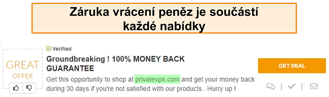 Screenshot kup&oacute;nu PrivateVPN inzeruj&iacute;c&iacute;ho z&aacute;ruku vr&aacute;cen&iacute; peněz jako &bdquo;dohodu&ldquo;