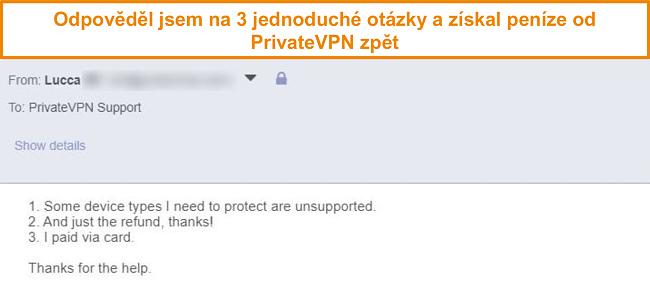 Screenshot z odpověd&iacute; na ž&aacute;dost o vr&aacute;cen&iacute; peněz za PrivateVPN prostřednictv&iacute;m e-mailu
