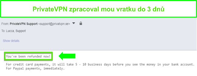 Screenshot z odpovědi PrivateVPN po zpracov&aacute;n&iacute; vr&aacute;cen&iacute; peněz