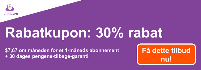Grafik af en fungerende PrivateVPN-kupon til et 1-m&aring;neders abonnement p&aring; $ 7,67 og en 30-dages pengene-tilbage-garanti