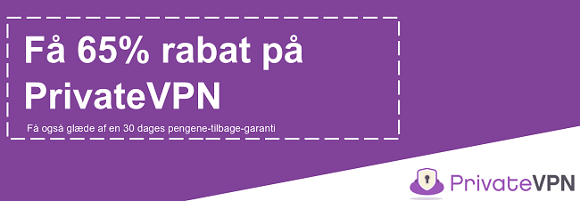 Grafik af en fungerende PrivateVPN-kupon, der tilbyder 65% rabat med en 30-dages pengene-tilbage-garanti