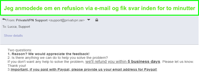 Sk&aelig;rmbillede af PrivateVPN svarer hurtigt p&aring; min refusionsanmodning via e-mail