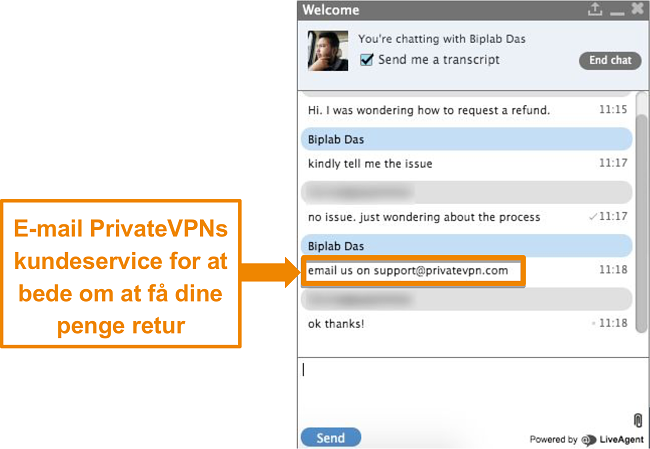 Sk&aelig;rmbillede af en PrivateVPN live chat-agent, der giver instruktioner til at sende en anmodning om refusion via e-mail
